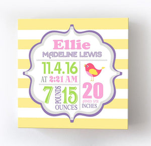 Personalized Baby Wall Art Birth Information For Girls - Canvas Nursery DecorBaby ProductMuralMax Interiors
