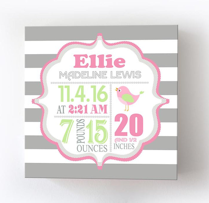 Personalized Baby Wall Art Birth Information For Girls - Canvas Nursery Decor