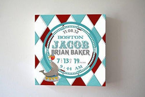 Personalized Birth Announcements For Boy - Circus Seal Nursery Art Baby Boy - Make Your New Baby Gifts Memorable - Color: Teal - Canvas Art - B018GSV8RQ-MuralMax Interiors