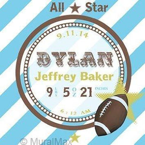 Personalized Birth Announcements For Boy - Football Nursery Art Baby Boy - Make Your New Baby Gifts Memorable - Color: Blue - Stretched Canvas-MuralMax Interiors