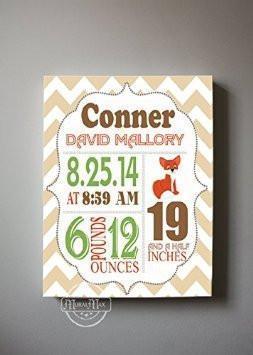 Personalized Birth Announcements For Boy - Fox Nursery Art Baby Boy - Make Your New Baby Gifts Memorable - Color: Tan - Stretched Canvas Art - B018GT5RJA