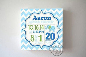 Personalized Birth Announcements For Boy - Modern Chevron Elephant Nursery Decor - Make Your New Baby Gifts Memorable - (Blue & Green) - Stretched Canvas - B018GTD7AQ-MuralMax Interiors