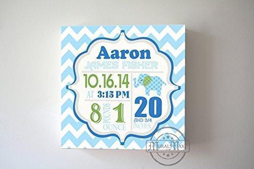 Personalized Birth Announcements For Boy - Modern Chevron Elephant Nursery Decor - Make Your New Baby Gifts Memorable - (Blue & Green) - Stretched Canvas - B018GTD7AQ