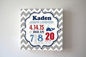 Personalized Birth Announcements For Boy - Modern Chevron Whales Nursery Decor - Make Your New Baby Gifts Memorable - (Gray & Red) - Stretched Canvas Art - B019016TDG-MuralMax Interiors