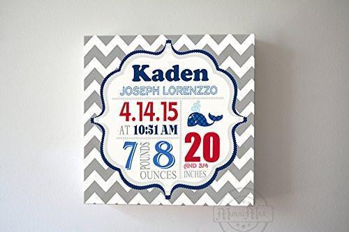 Personalized Birth Announcements For Boy - Modern Chevron Whales Nursery Decor - Make Your New Baby Gifts Memorable - (Gray & Red) - Stretched Canvas Art - B019016TDG