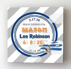 Personalized Birth Announcements For Boy - Modern Stripes Airplane Nursery Decor - Make Your New Baby Gifts Memorable - Stretched Canvas -B0723D5TSR-MuralMax Interiors