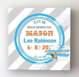 Personalized Birth Announcements For Boy - Modern Stripes Airplane Nursery Decor - Make Your New Baby Gifts Memorable - Stretched Canvas -B0723D5TSR-MuralMax Interiors
