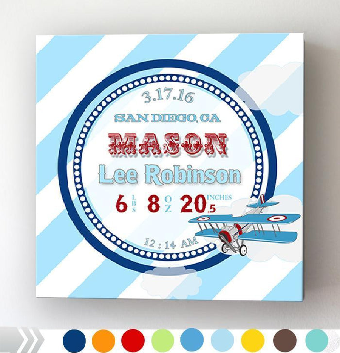 Personalized Birth Announcements For Boy - Modern Stripes Airplane Nursery Decor - Make Your New Baby Gifts Memorable - Stretched Canvas -B0723D5TSR