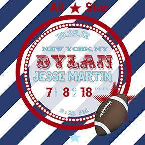 Personalized Birth Announcements For Boy - Modern Stripes & Football Nursery Decor - Make Your New Baby Gifts Memorable - (Navy) - Stretched Canvas-MuralMax Interiors