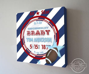Personalized Birth Announcements For Boy - Modern Stripes & Football Nursery Decor - Make Your New Baby Gifts Memorable - (Navy) - Stretched Canvas-MuralMax Interiors