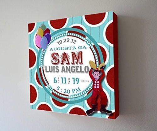Personalized Birth Announcements For Boy - Monkey Nursery Art Baby Boy - Make Your New Baby Gifts Memorable - Color: Aqua - Stretched Canvas - B018GSV7HC