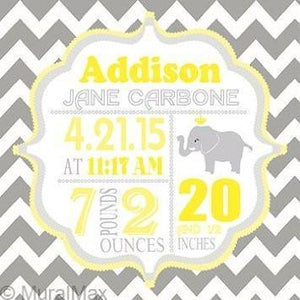 Personalized Birth Announcements For Girl - Chevron Elephant Nursery Art Baby Girl - Yellow and Gray Baby Nursery Decor - Stretched Canvas - B018GT1W2G-MuralMax Interiors