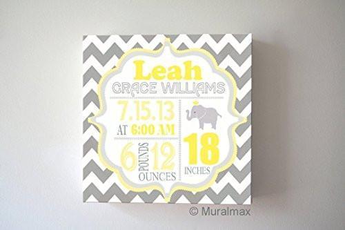 Personalized Birth Announcements For Girl - Chevron Elephant Nursery Art Baby Girl - Yellow and Gray Baby Nursery Decor - Stretched Canvas - B018GT1W2G