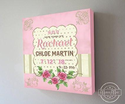 Personalized Birth Announcements For Girl - Flower Nursery Art Baby Girl - Make Your New Baby Gifts Memorable - Color: Pink - Canvas Art - B018GSWLFO