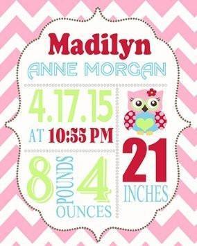 Personalized Birth Announcements For Girl - Owl Nursery Art Baby Girl - Make Your New Baby Gifts Memorable - Color: Pink - Stretched Canvas - B018GT6G4U-MuralMax Interiors