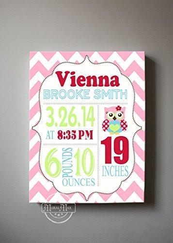 Personalized Birth Announcements For Girl - Baby Girl Room Decor Owl Nursery Art - New Baby Gifts  - Stretched Canvas - Pink & Red
