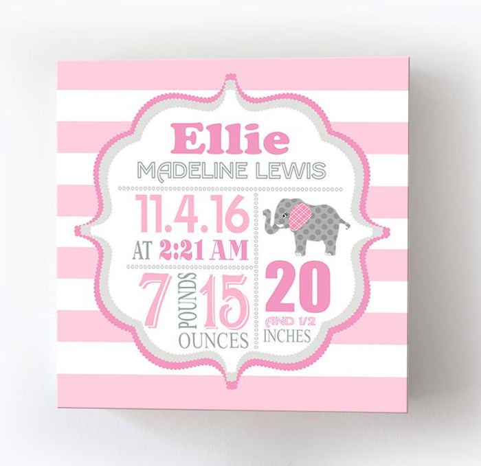 Personalized Birth Info Elephant Baby Girl Nursery Decor - New Baby Gift - Birth Announcements Canvas Art