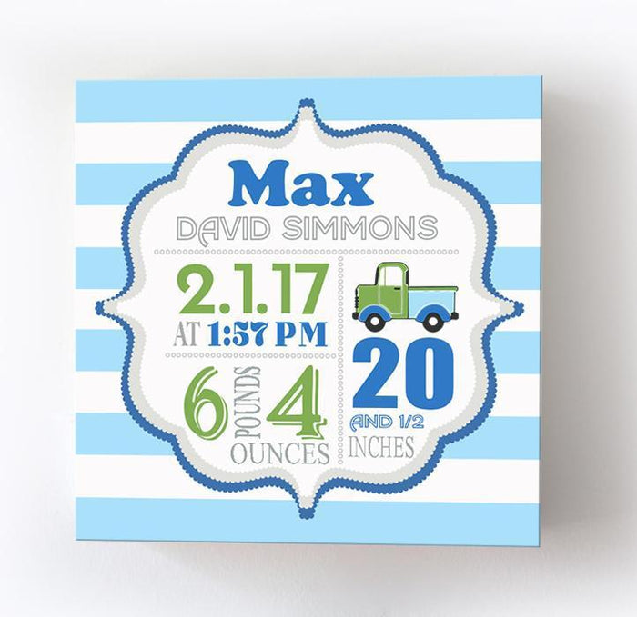 Personalized Canvas Birth Announcement Gift - Custom Baby Boy Name, Date, Weight Stats