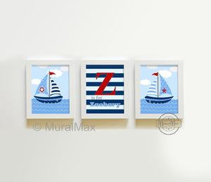 Personalized Chevron Nautical Sailboat Nursery Prints - Unframed Prints - Set of 3-B018KOBF06-MuralMax Interiors