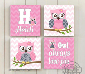 Personalized Chevron Owl Nursery Art - Owl Always Love You Nursery Art for Girls - Set of 4-MuralMax Interiors