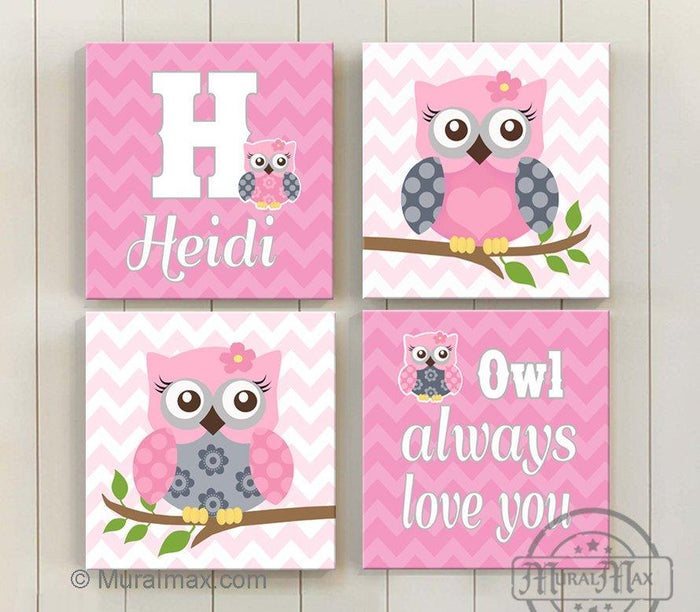 Personalized Chevron Owl Nursery Art - Owl Always Love You Nursery Art for Girls - Set of 4
