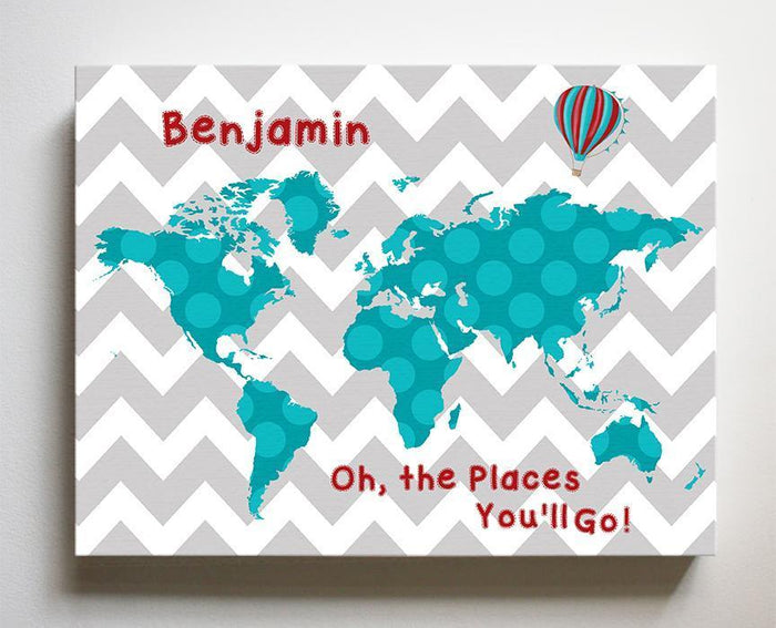 Personalized Dr Seuss Nursery Decor - Chevron Canvas World Map Collection - Oh The Places You'll Go-B018ISFZSM