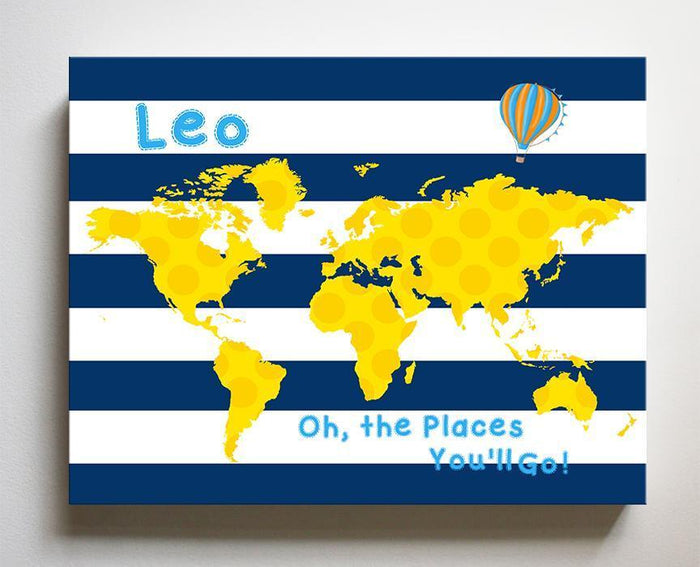 Personalized - Dr Seuss Nursery Decor - Striped Canvas World Map Collection - Oh The Places You'll Go-B018ISMNRI