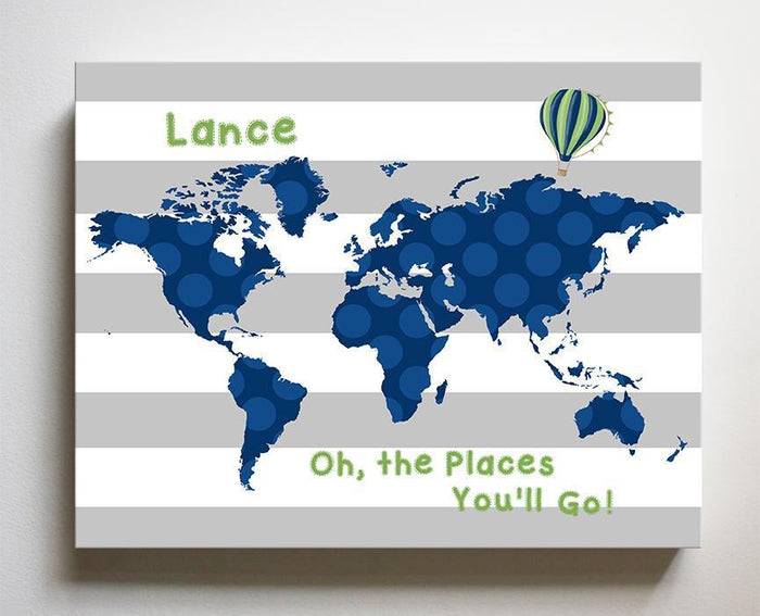 Personalized  Dr Seuss Nursery Decor - Striped Canvas World Map Collection - Oh The Places You'll Go-B018ISOO7K