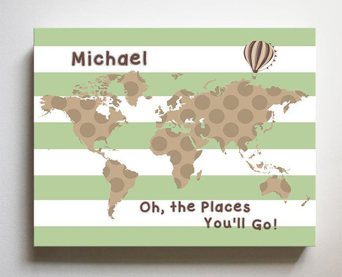 Personalized - Dr Seuss Nursery Decor - Striped Canvas World Map Collection - Oh The Places You'll Go-B018ISOXO4