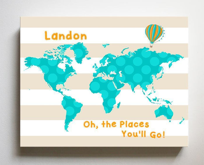 Personalized Dr Seuss Nursery Decor - Striped Canvas World Map Nursery Art- Oh The Places You'll Go-B018ISP2GM