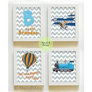 Personalized Dr Seuss - Oh The Places You'll Go - Chevron Transportation Nursery Decor - Unframed Prints - Set of 4-B018KOCLE0