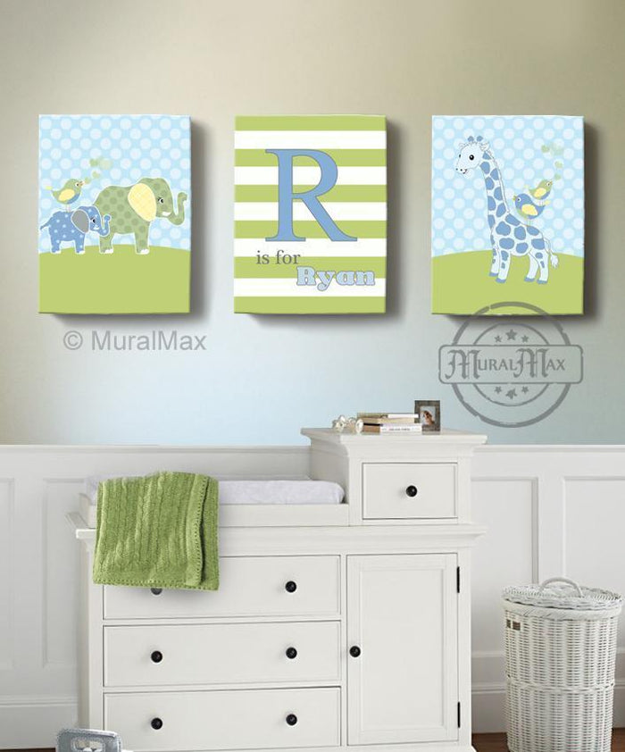Personalized Elephant & Giraffe Blue Green Boy Canvas Nursery Decor -  Set of 3
