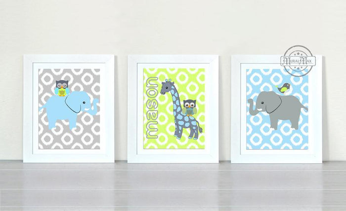 Personalized Elephant & Giraffe Nursery Decor - Unframed Prints - Set of 3 Blue Green Wall Art