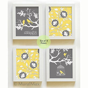 Personalized Family Tree & Floral Love Bird Theme- UNFRAMED Prints - Set of 4 - Yellow - Gray & White-B018KOEP58-MuralMax Interiors