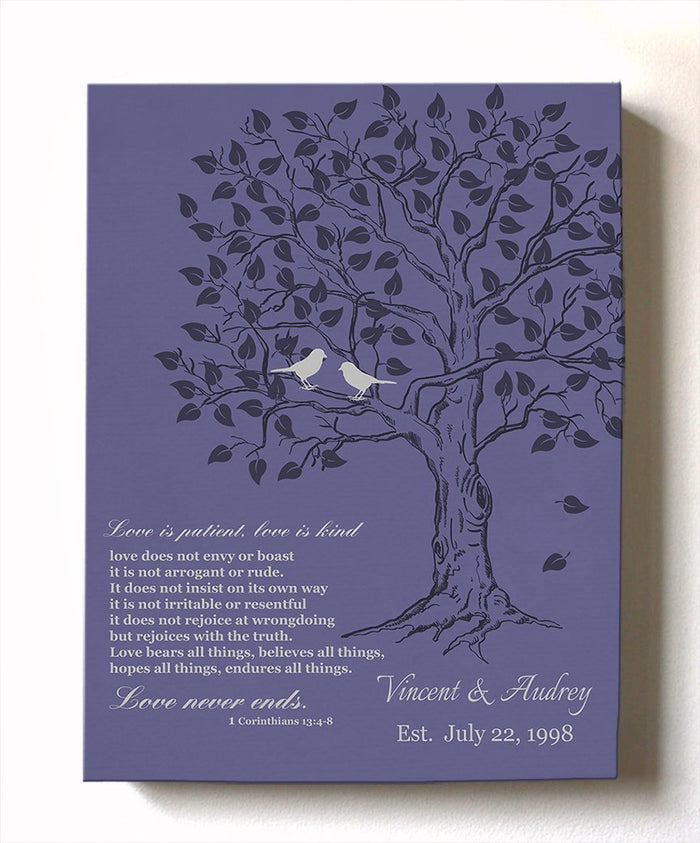 Personalized Family Tree & Lovebirds Canvas Wall Art, Love Is Patience LoveIs Kind Unique Wall Decor - Purple - B01HWLKOLO