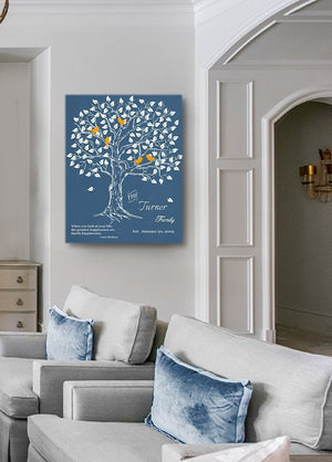 Personalized Family Tree & Lovebirds, Stretched Canvas Wall Art - Make Your Wedding & Anniversary Gifts Memorable - Blue-MuralMax Interiors