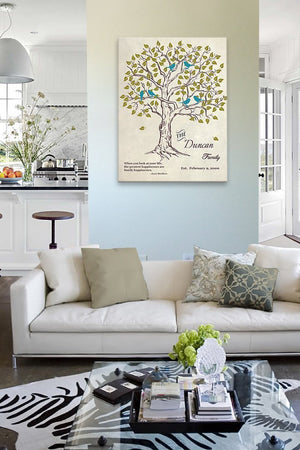 Personalized Family Tree & Lovebirds, Stretched Canvas Wall Art - Make Your Wedding & Anniversary Gifts Memorable - Ivory-MuralMax Interiors