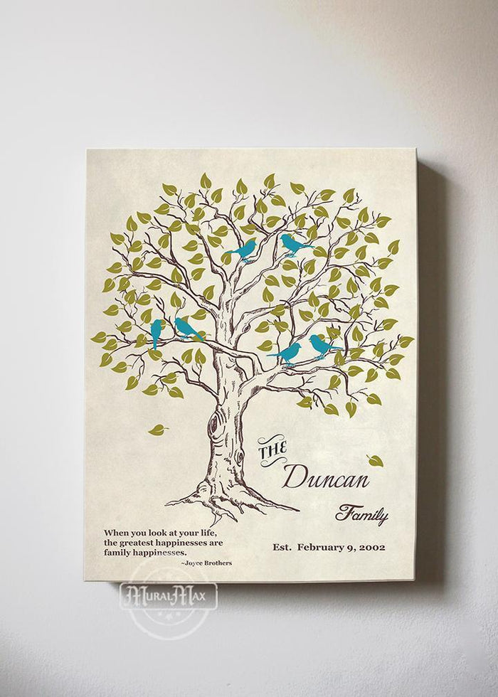 Personalized Family Tree & Lovebirds, Stretched Canvas Wall Art - Make Your Wedding & Anniversary Gifts Memorable - Ivory