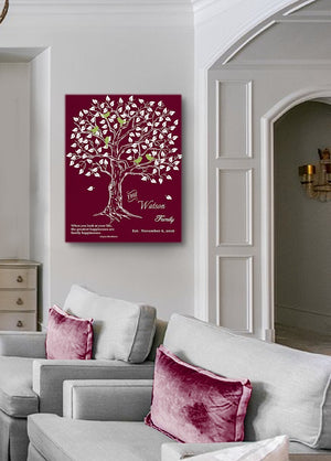 Personalized Family Tree & Lovebirds, Stretched Canvas Wall Art - Make Your Wedding & Anniversary Gifts Memorable - Unique Wall Decor - 30-DAY - Color - Burgundy - B01IFGZ56O-MuralMax Interiors