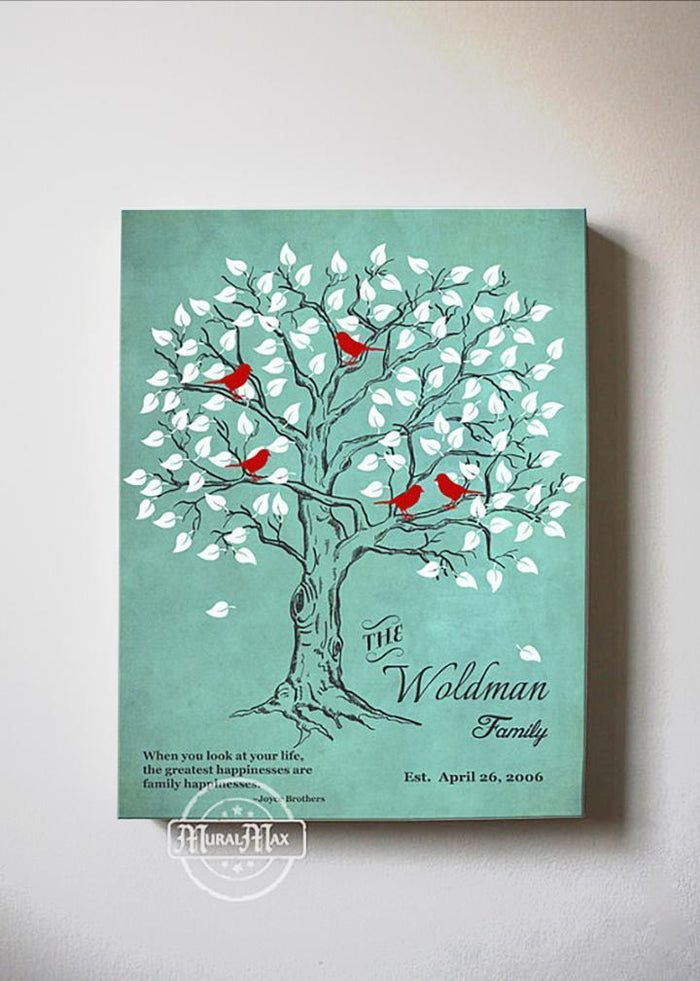 Personalized Family Tree & Lovebirds, Stretched Canvas Wall Art - Make Your Wedding & Anniversary Gifts Memorable - Unique Wall Decor - 30-DAY - Color - Peppermint - B01IFGZ56O