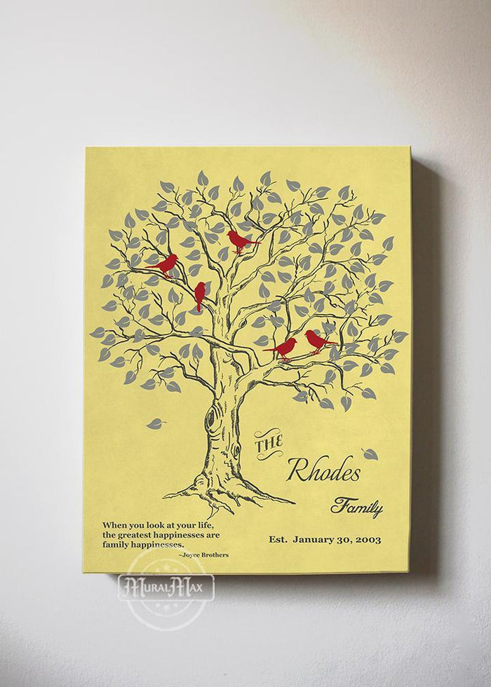Personalized Family Tree & Lovebirds, Stretched Canvas Wall Art - Make Your Wedding & Anniversary Gifts Memorable - Unique Wall Decor - 30-DAY - Color - Yellow - B01IFGZ56O