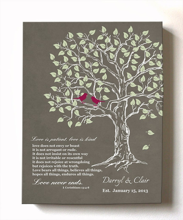 Personalized Family Tree & Lovebirds, Stretched Canvas Wall Art, Make Your Wedding & Anniversary Gifts Memorable, Unique Wall Decor - Khaki