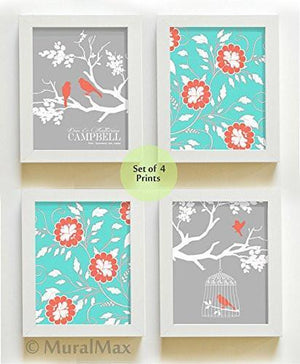 Personalized Family Tree Theme - UNFRAMED PRINTS - Coral & Turquoise - Set of 4-B018KOENN2-MuralMax Interiors