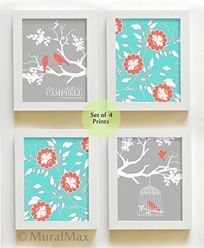 Personalized Family Tree Theme - UNFRAMED PRINTS - Coral & Turquoise - Set of 4-B018KOENN2