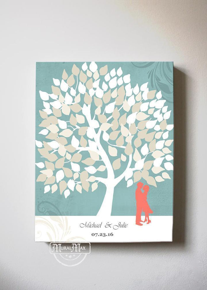 Personalized Family Tree Wedding Guest Book Canvas Art - Coral And Aqua Wedding - Couples Gift