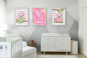 Personalized Floral Baby Nursery - Owl Decor - Pink Aqua Girl Room Decor - Set of 3Baby ProductMuralMax Interiors