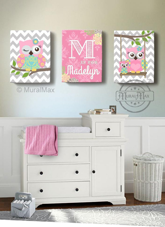 Personalized Floral Baby Nursery - Owl Decor - Pink Aqua Girl Room Decor - Set of 3