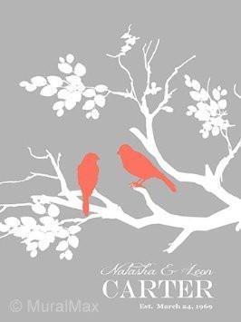 Personalized Floral Family Tree & Lovebird Theme - Wedding & Anniversary Gift Collection - Unframed Prints - Set of 4-B018KOGGY6