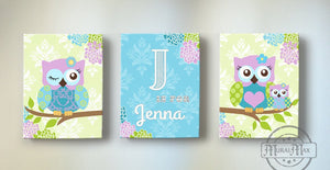 Personalized Floral Mums Owl Nursery Art - Blue Purple Toddler Girl Canvas Decor - Set of 3-MuralMax Interiors
