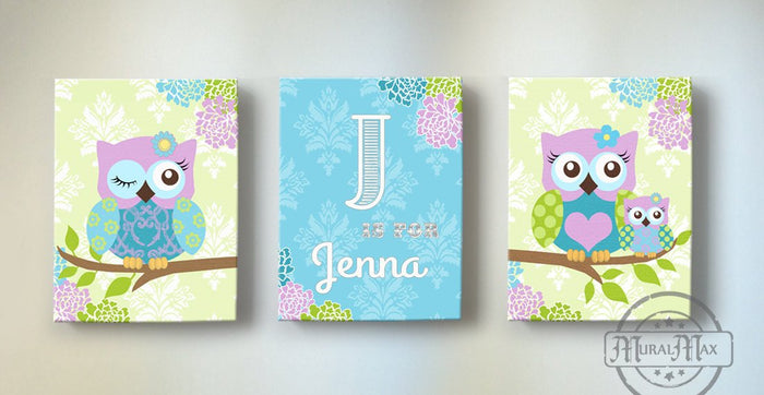 Personalized Floral Mums Owl Nursery Art - Blue Purple Toddler Girl Canvas Decor - Set of 3